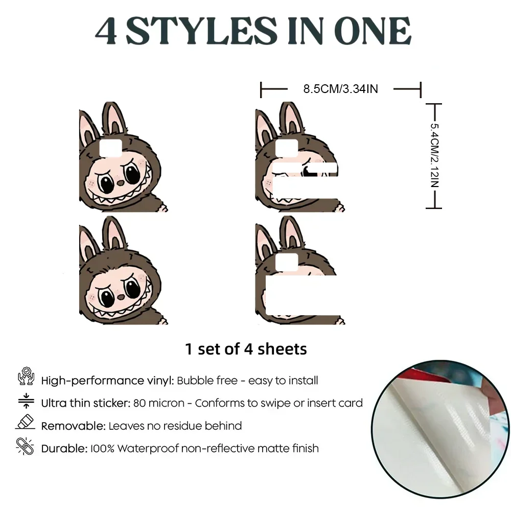 Labubu Stickers Sticker Decal 4pcs PVC Credit Card Skin Removable Self-adhesive Protective Film