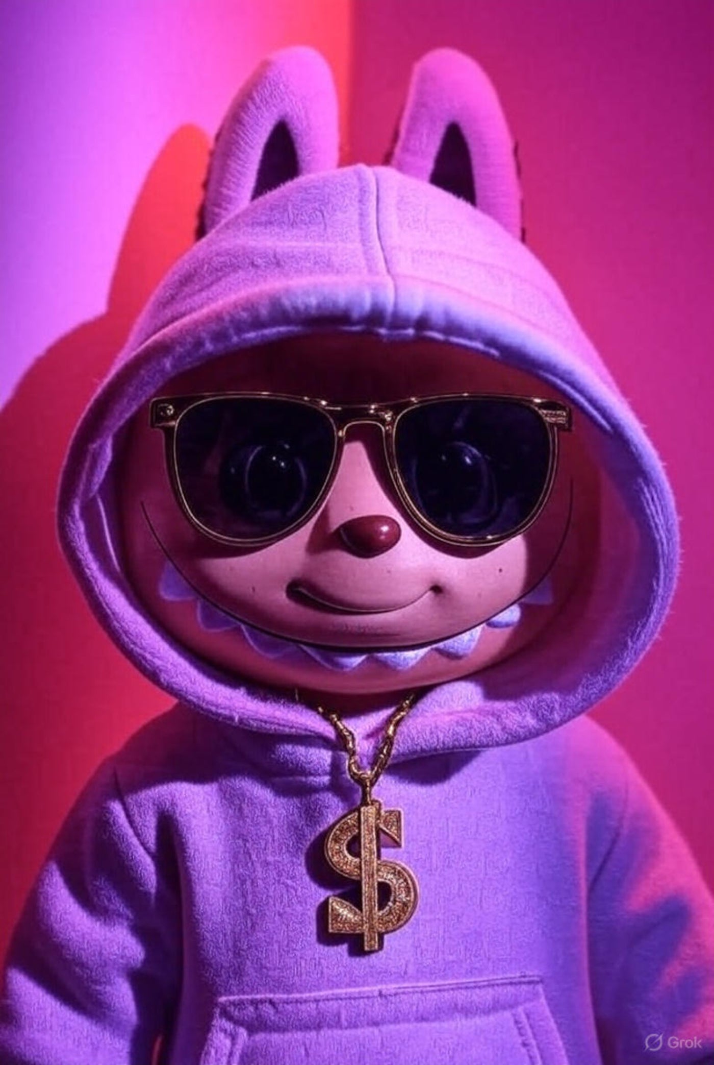 Labubu wearing a purple hoodie with bunny ears and sunglasses, standing against a pink background.